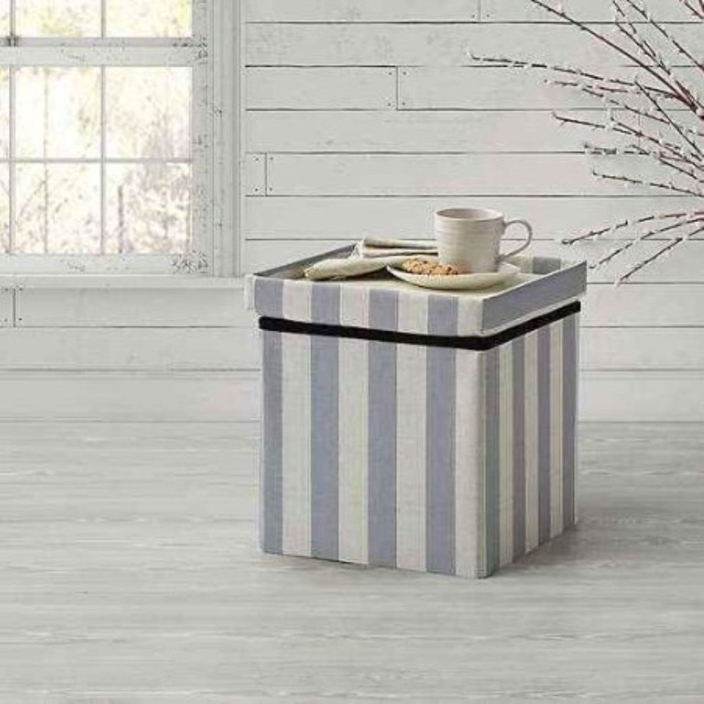 Bee & Willow Home™ Linen Upholstered Stripe Ottoman in Blue new in box